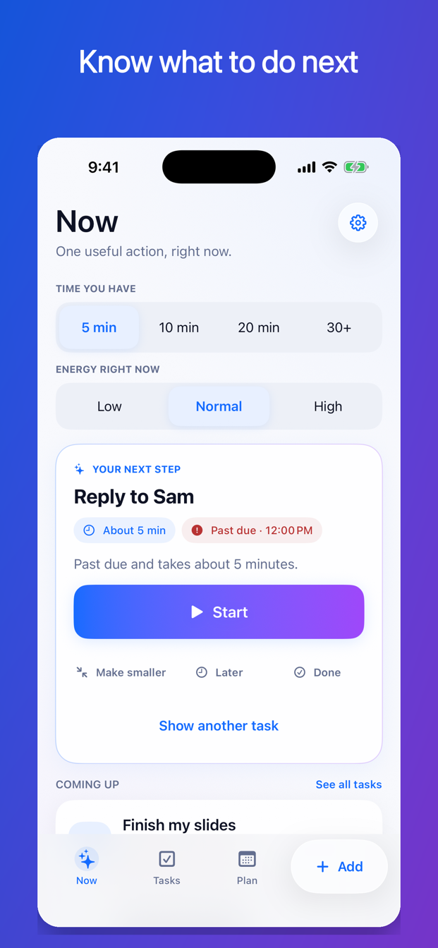 FirstNudge Now screen showing one recommended task with available-time and energy choices on an iPhone