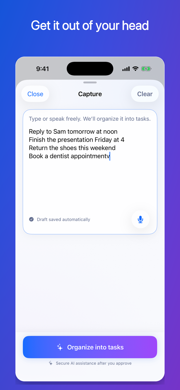 FirstNudge Capture screen turning a natural-language brain dump into editable task drafts