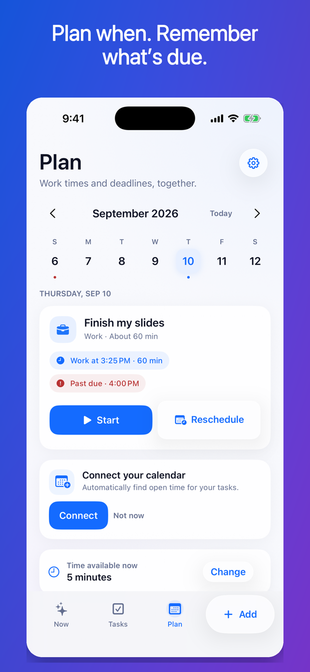 FirstNudge Plan screen displaying a work session and a separate task deadline